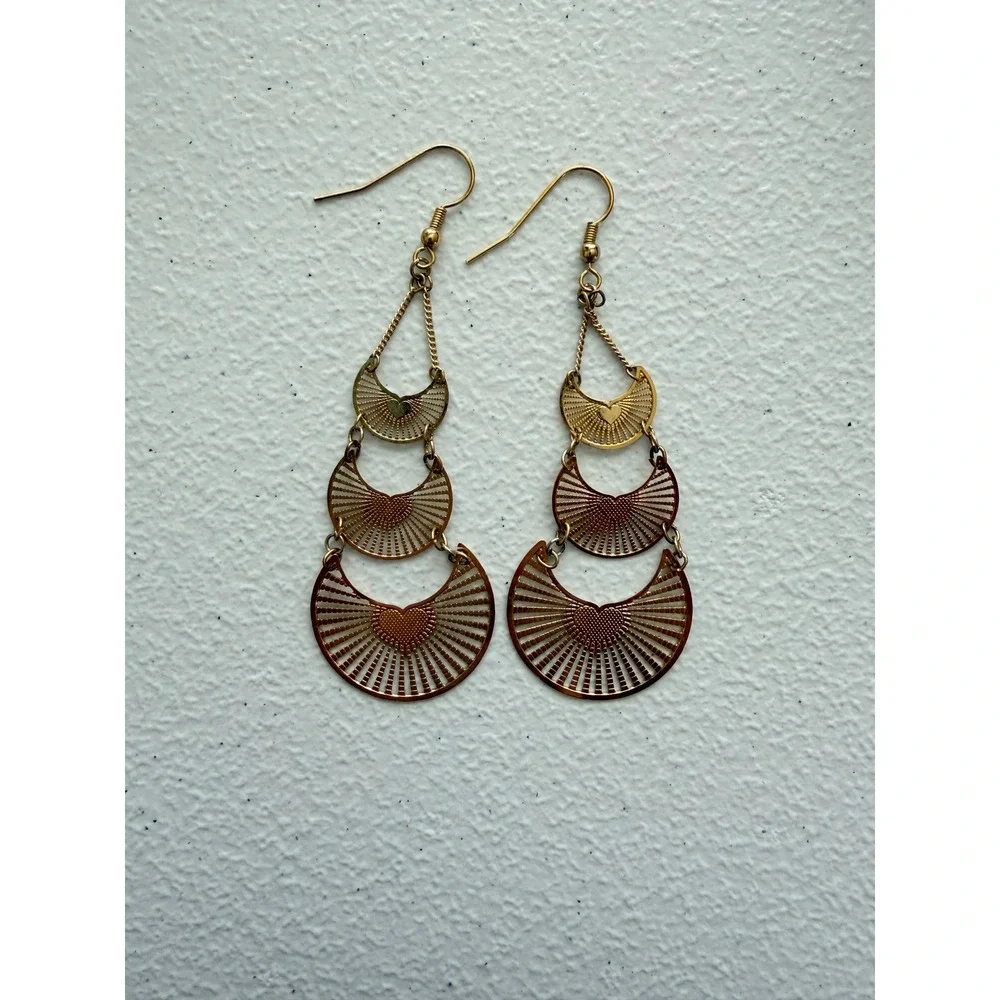 Boho Tiered Crescent Heart Drop Earrings Gold Tone Metal Sunburst Filigree